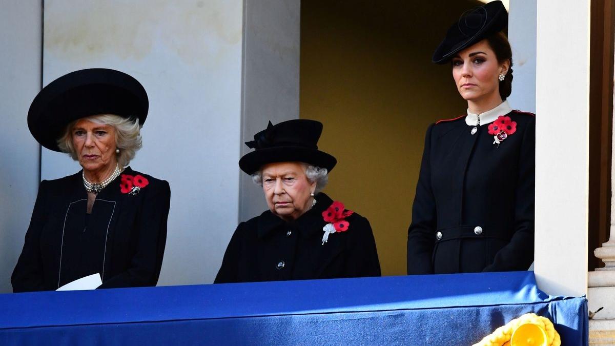 Britain’s Queen Elizabeth, Camilla, Duchess of Cornwall and Catherine, Duchess of Cambridge, watch a National Service of Remembrance at The Cenotaph in Westminster, London