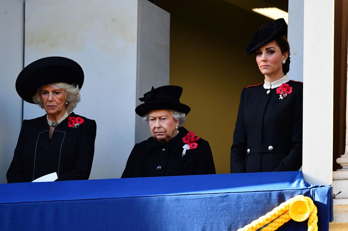Britain’s Queen Elizabeth, Camilla, Duchess of Cornwall and Catherine, Duchess of Cambridge, watch a National Service of Remembrance at The Cenotaph in Westminster, London