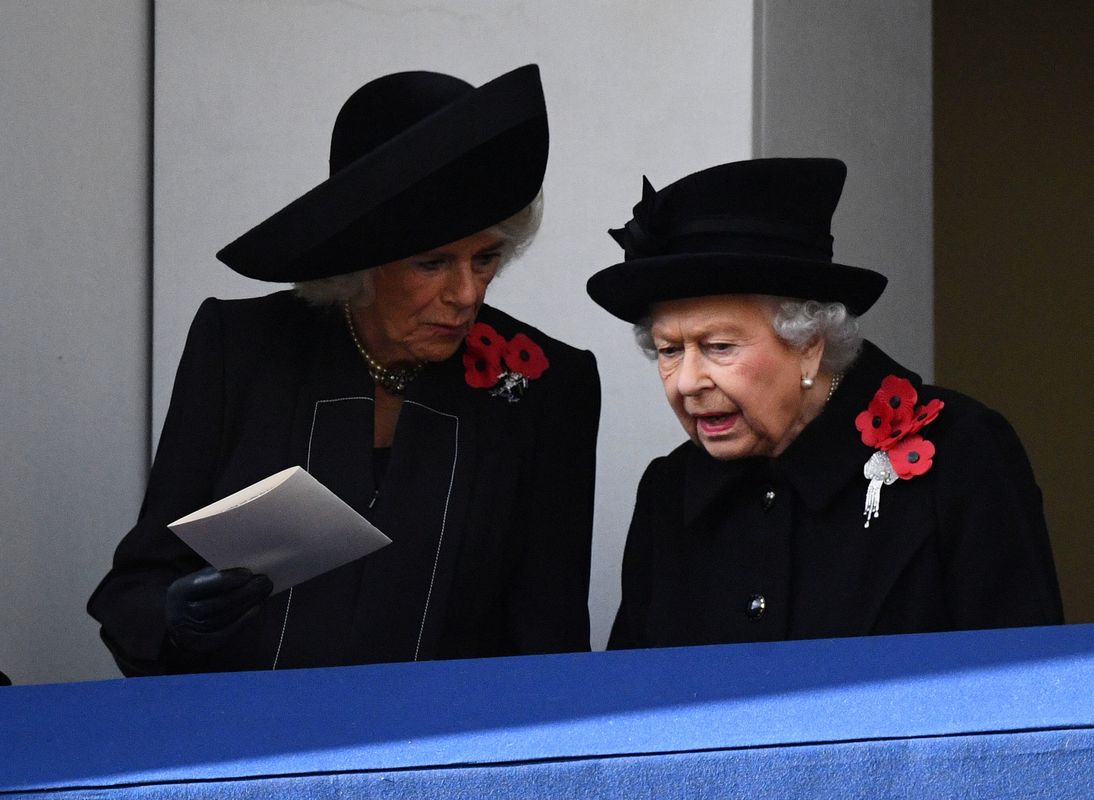 Britain’s Queen Elizabeth, and Camilla, Duchess of Cornwall watch a National Service of Remembrance, on Remembrance Sunday, at The Cenotaph in Westminster, London