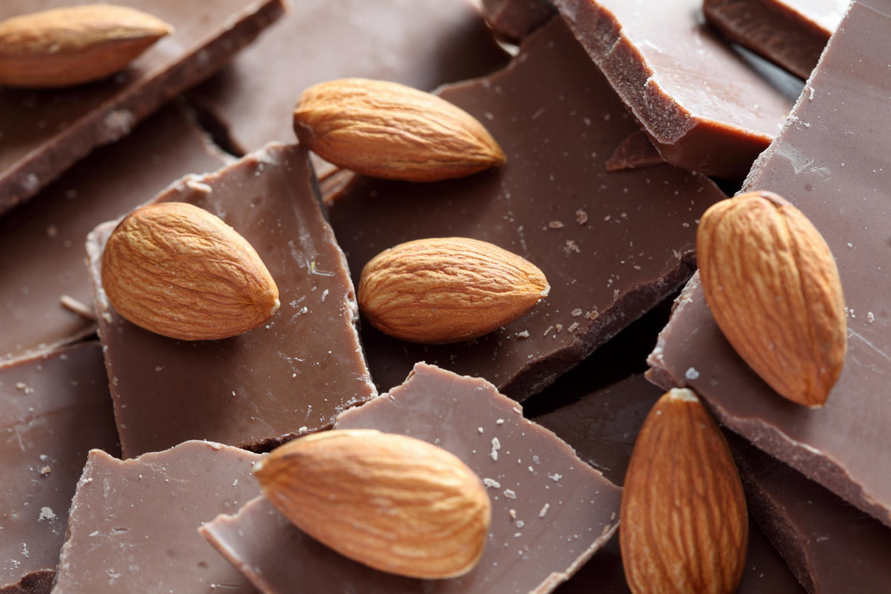 Almonds on chocolate pieces