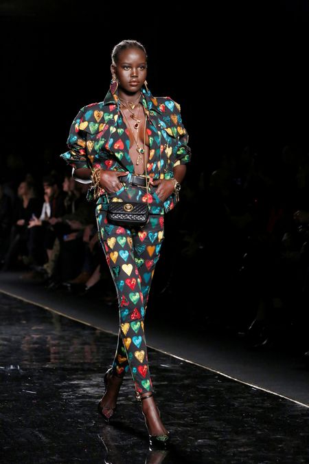 A model presents a creation during the Versace presentation in New York
