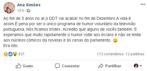 Ana Bola facebook RTP1 Donos disto Tudo DDT