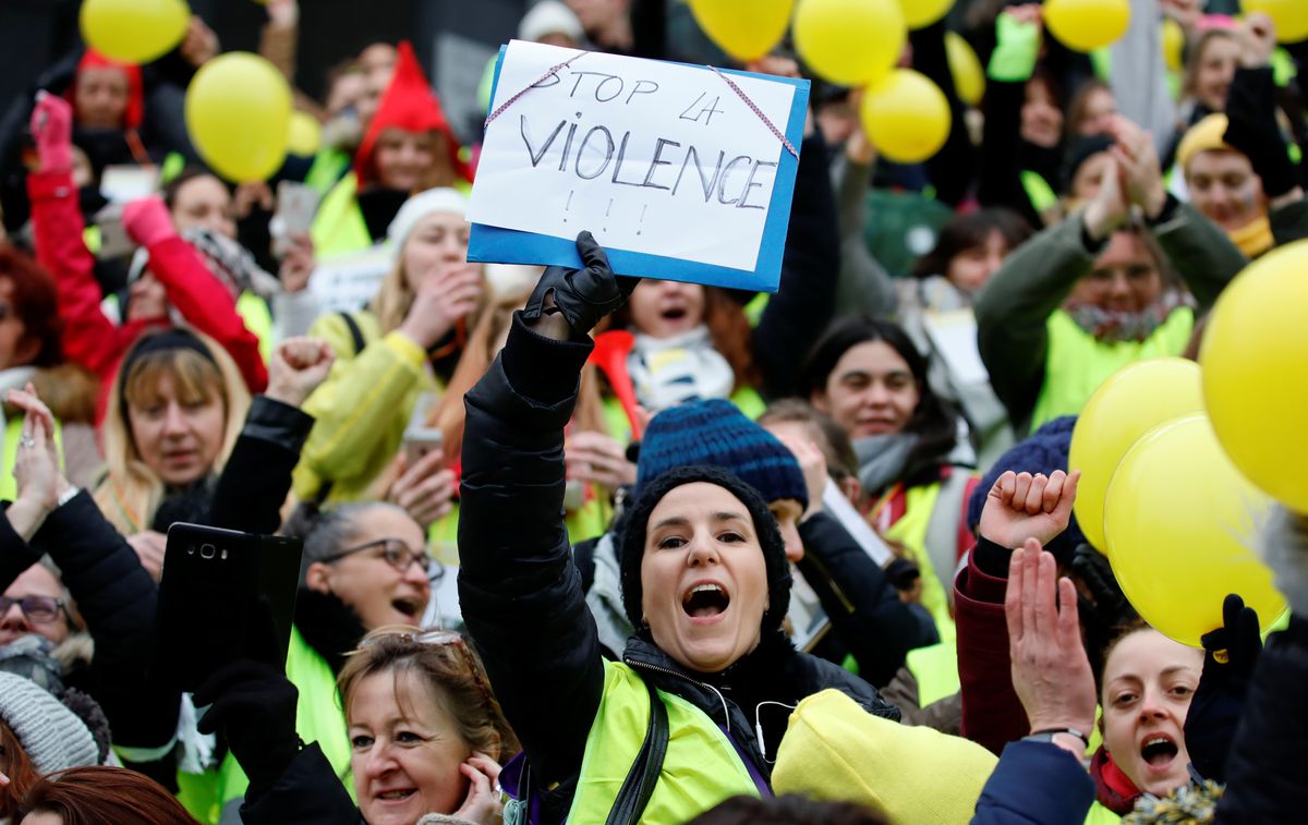Protesters wearing yellow vests take part in a demonstration by the “Women’s yellow vests” movement in Paris