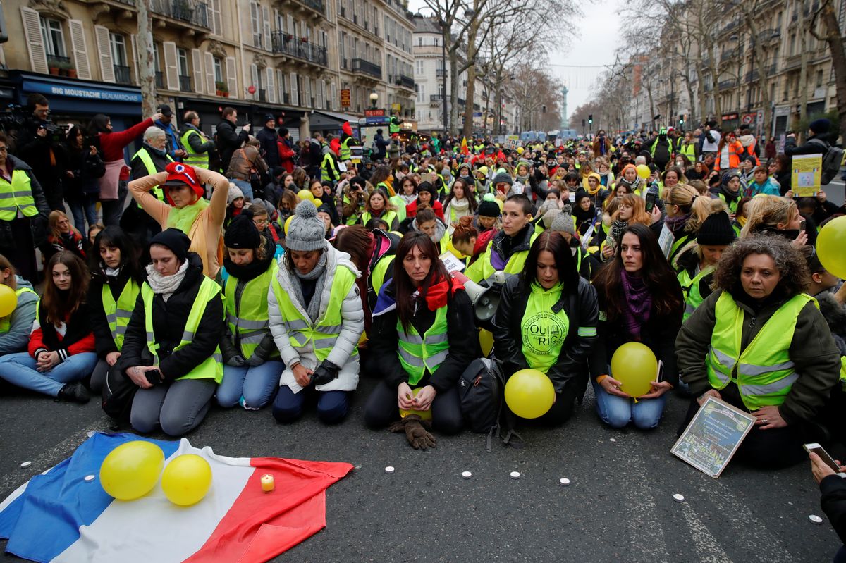 Protesters wearing yellow vests take part in a demonstration by the “Women’s yellow vests” movement in Paris
