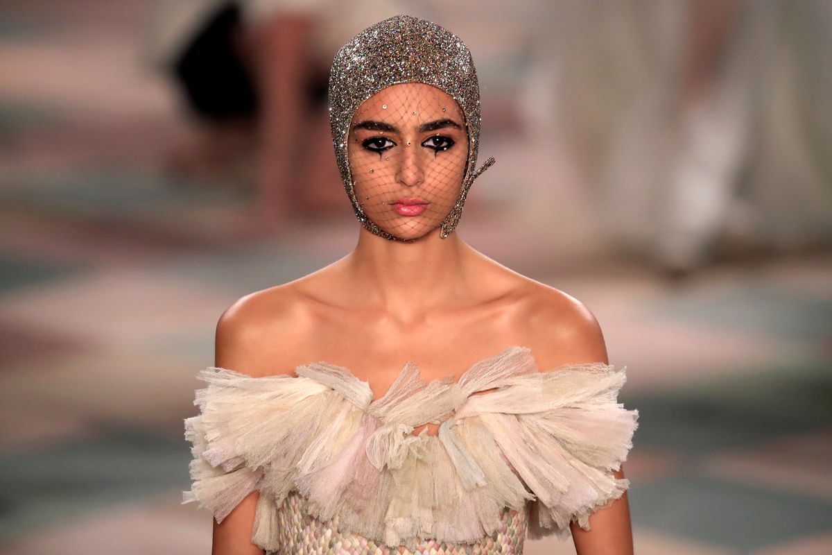 A model presents a creation by designer Maria Grazia Chiuri as part of her Haute Couture Spring-Summer 2019 collection show for fashion house Dior in Paris