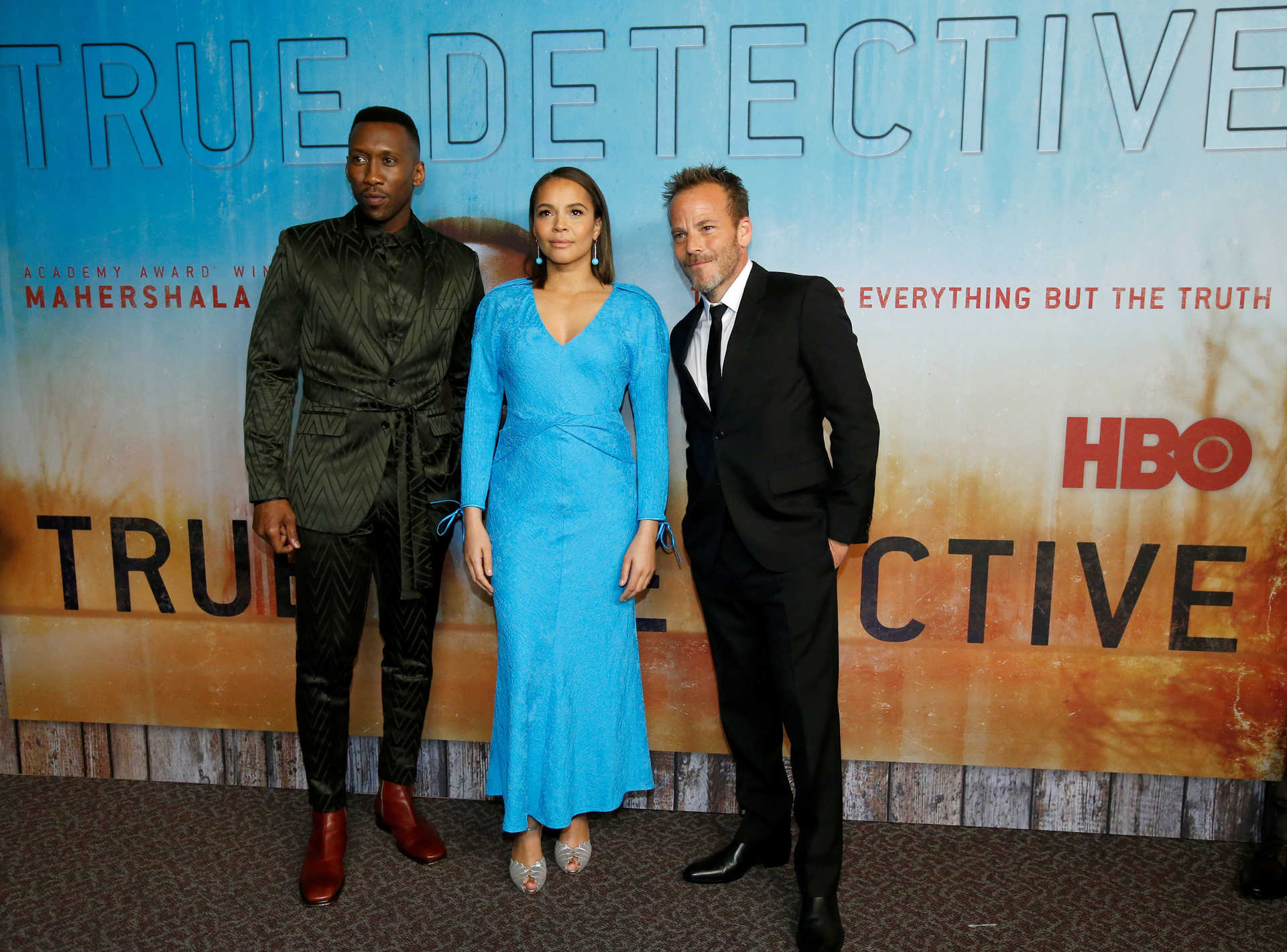 Cast members Ali, Ejogo and Dorff pose at the premiere for season 3 of the television series “True Detective” in Los Angeles