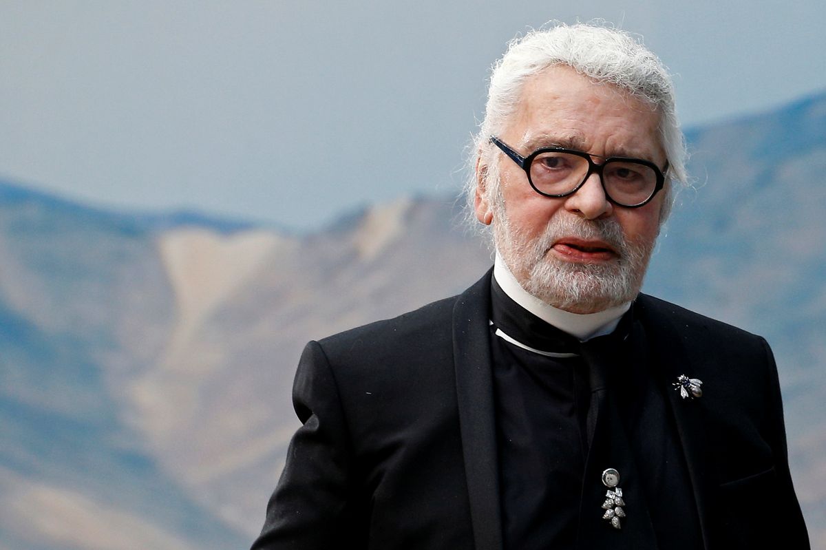 German designer Karl Lagerfeld appears at the end of his Spring/Summer 2019 women’s ready-to-wear collection show for fashion house Chanel during Paris Fashion Week