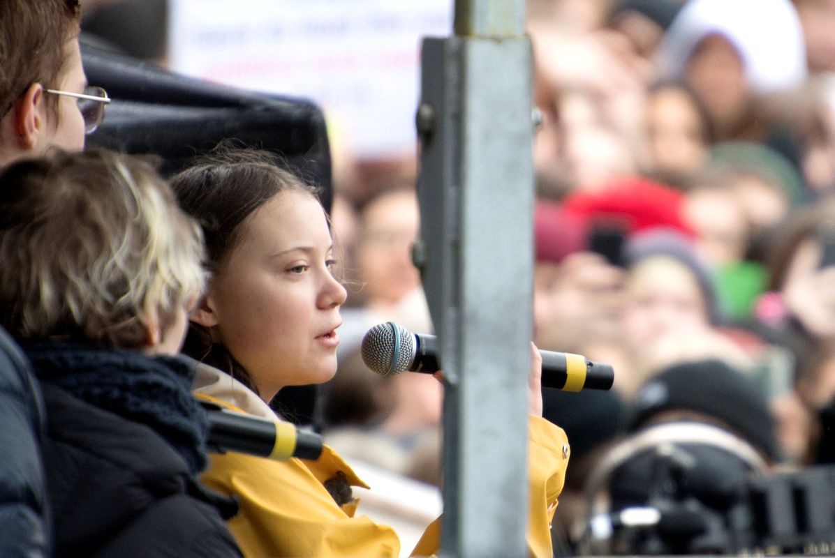 Activist Greta Thunberg speaks during the global demonstration “Global strike for future” in central Stockholm
