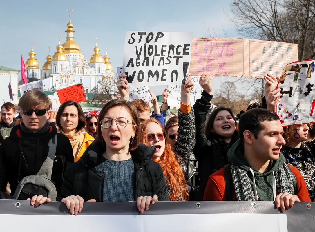 Activists attend a rally for gender equality and against violence towards women on the International Women’s Day in Kiev