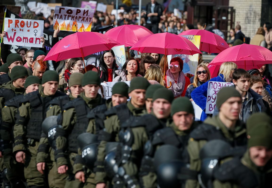 Activists take part in a rally for gender equality and against violence towards women on International Women’s Day in Kiev