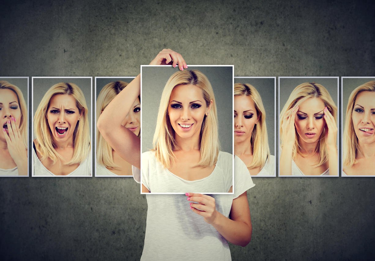 Masked blonde woman expressing different emotions