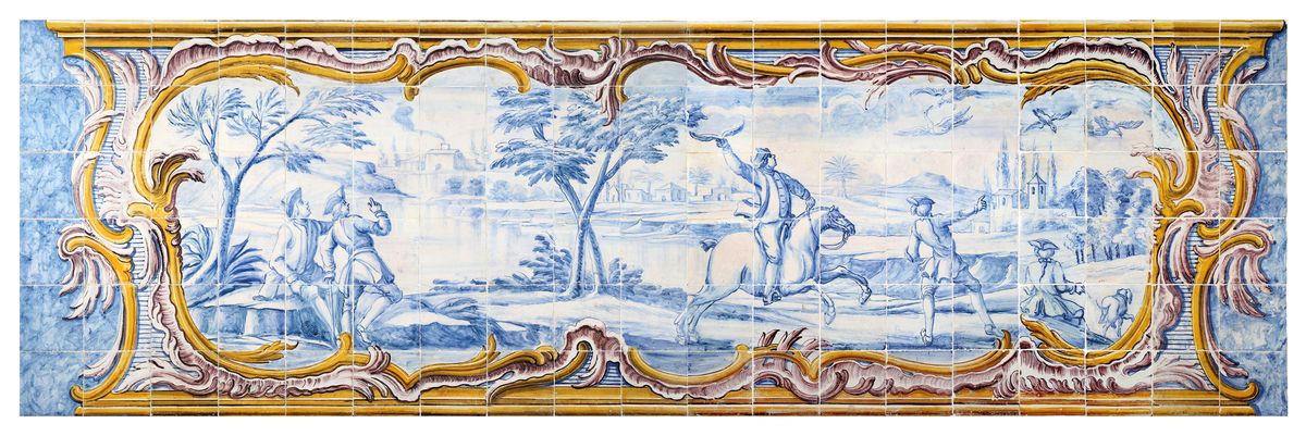 D’OREY AZULEJOS E ANTIGUIDADES – Silhar de azulejos ornamental com caçada Faiança policroma Lisboa século XVIII_resultado