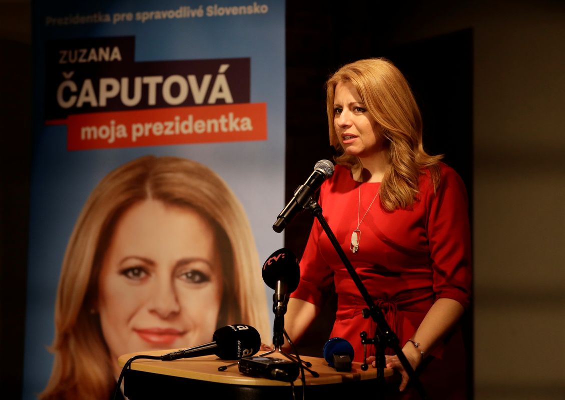 Slovakia’s presidential candidate Caputova speaks after the first unofficial results at a party election headquarters in Bratislava