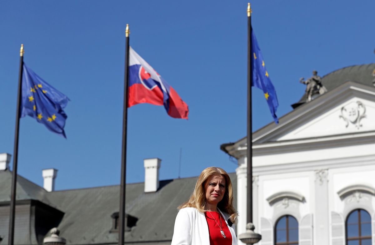Newly elected Slovakia’s President Zuzana Caputova waits in front of the Presidential Palace for a televised interview in Bratislava
