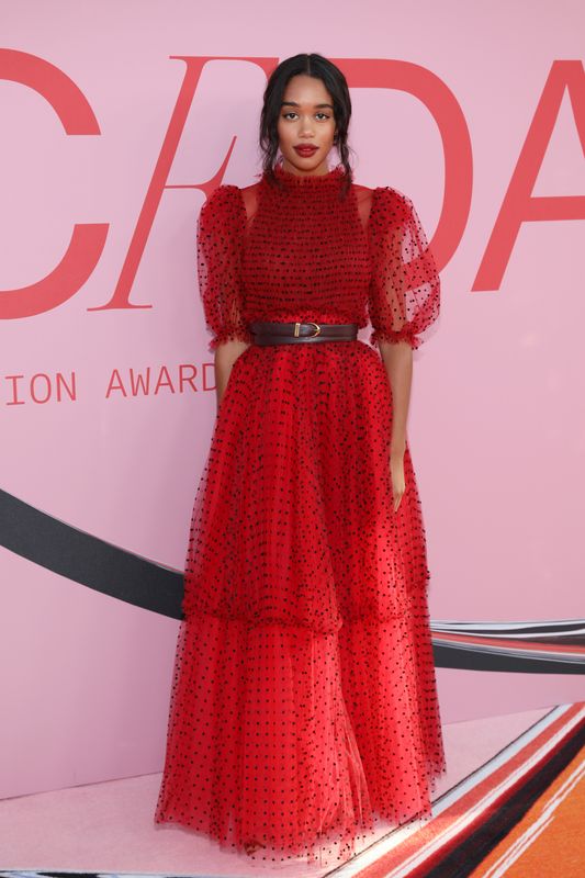 Actress Laura Harrier arrives for the 2019 CFDA Awards at The Brooklyn Museum in New York