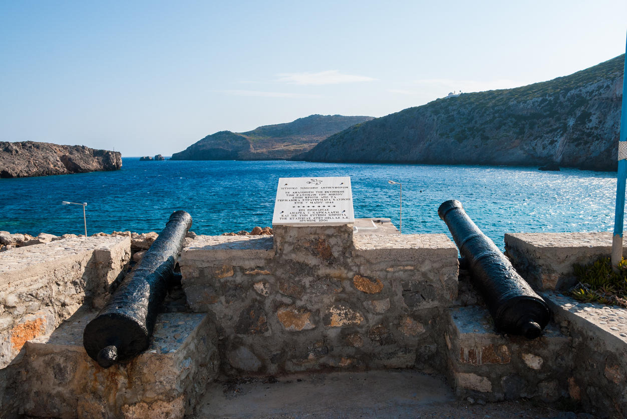 Port of Antikythera island with the canons in Greece. An island between Kythera and Crete