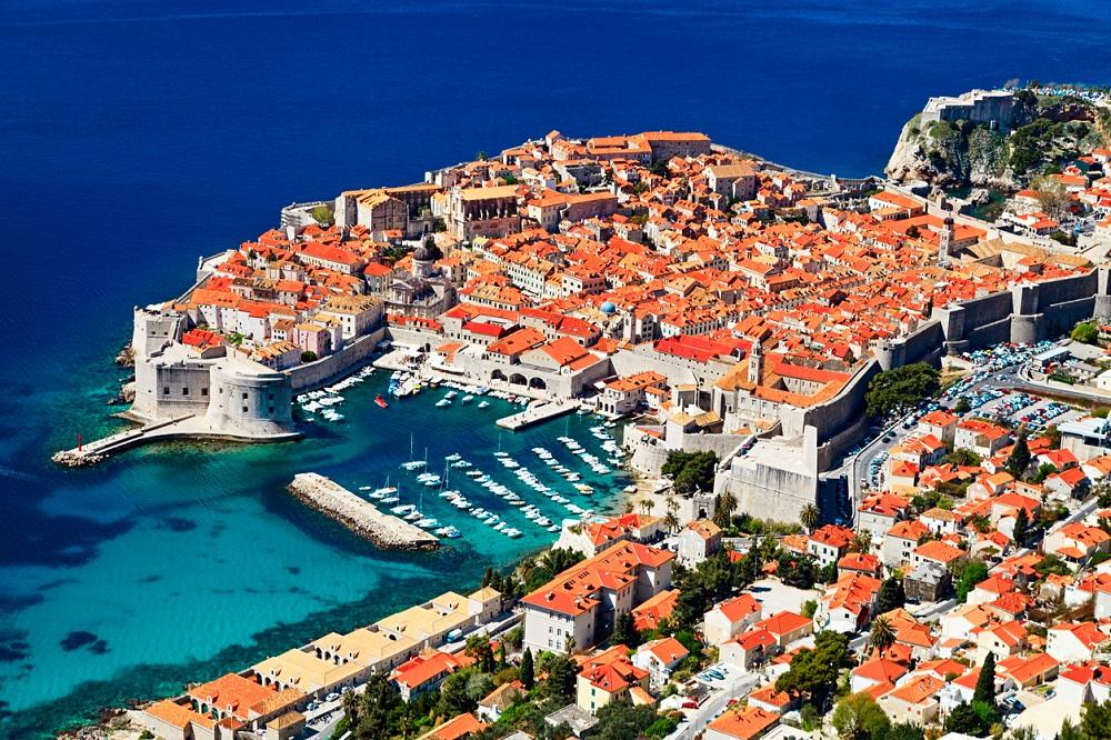 Sunny day aerial view of Old Town Dubrovnik, Croatia.