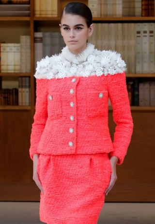 Model Kaia Gerber presents a creation by designer Virginie Viard as part of her Haute Couture Fall/Winter 2019/20 collection show for fashion house Chanel in Paris