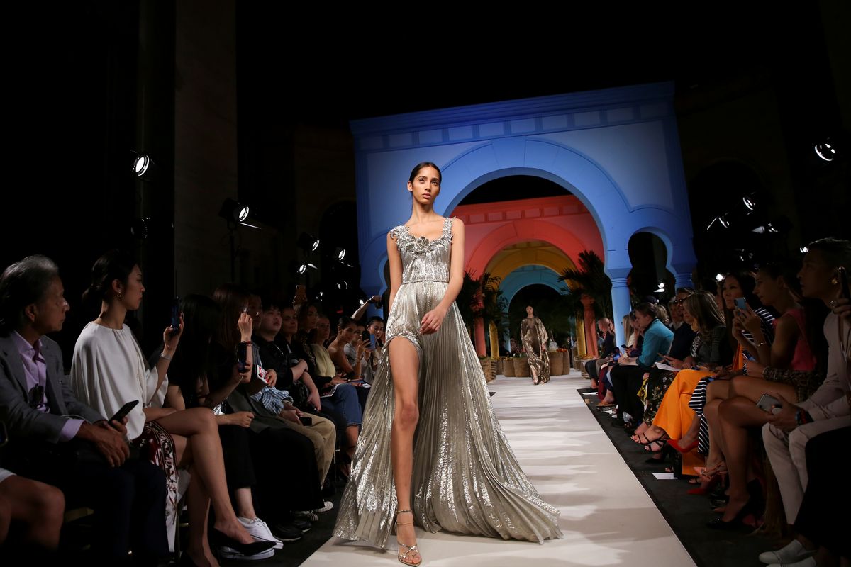 A model presents a creation from the Oscar de la Renta collection during fashion week in New York