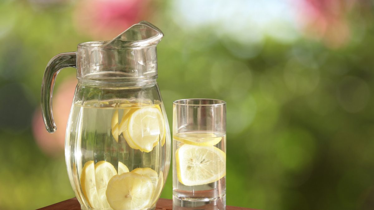 glass pitcher of fresh lemonade