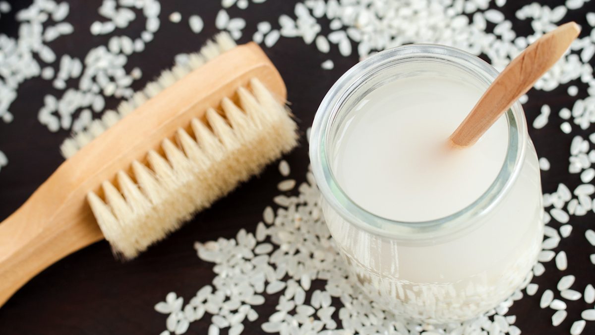 Homemade rice water - natural toner for skin and hair care. DIY cosmetics.