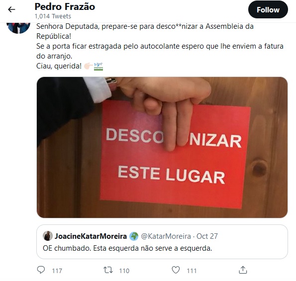 Pedro Frazão republica comentário de Joacine com imagem e texto