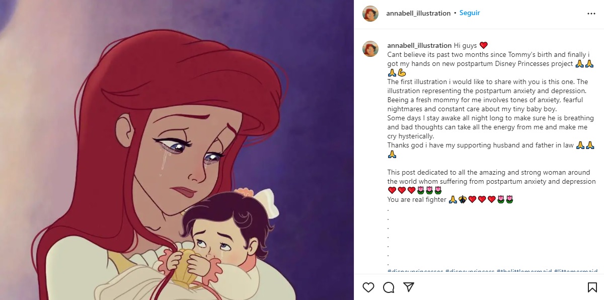 Artista coloca princesas da Disney com estrias e em lágrimas no pós-parto